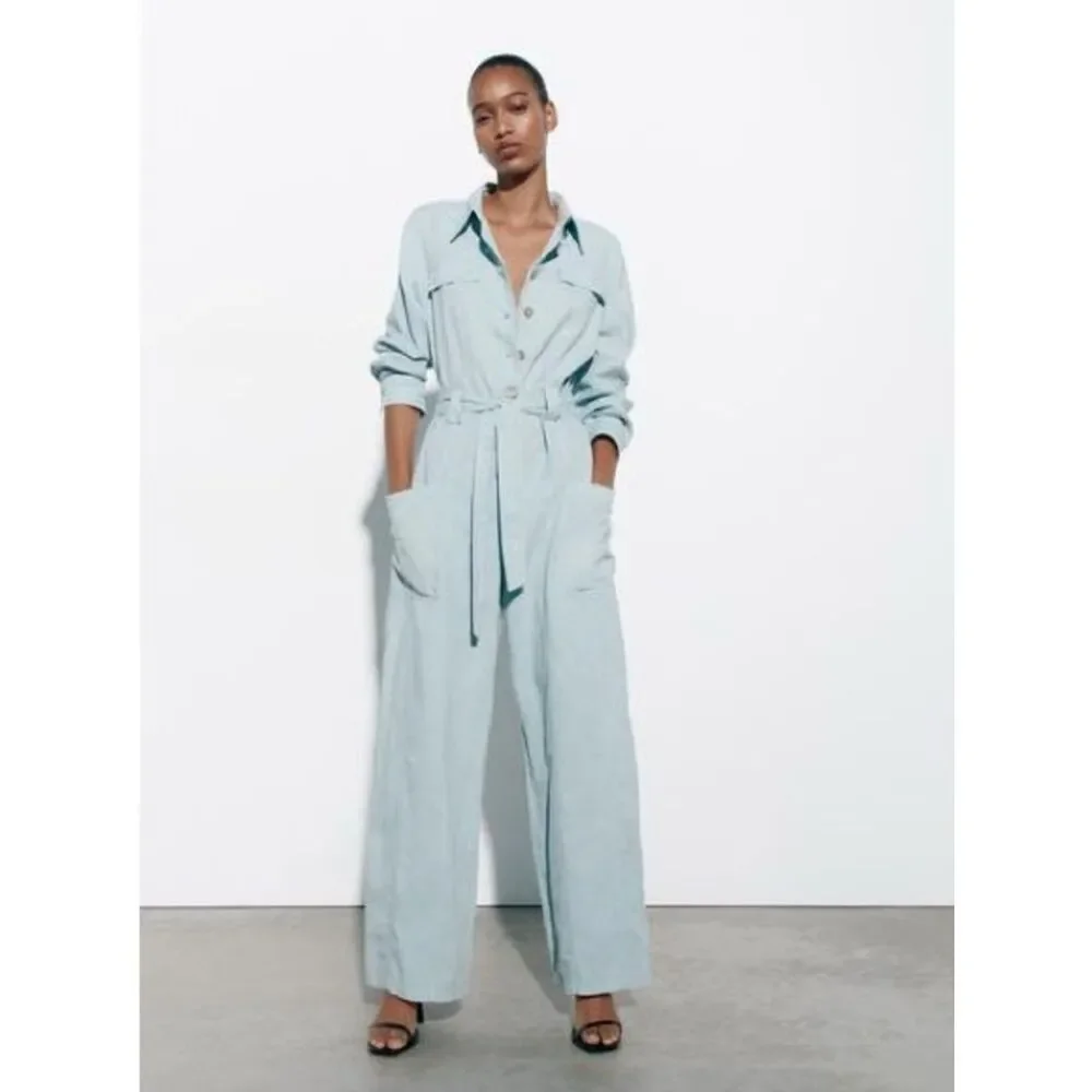 ZARA WIDE LINEN BLEND CARGO JUMPSUIT